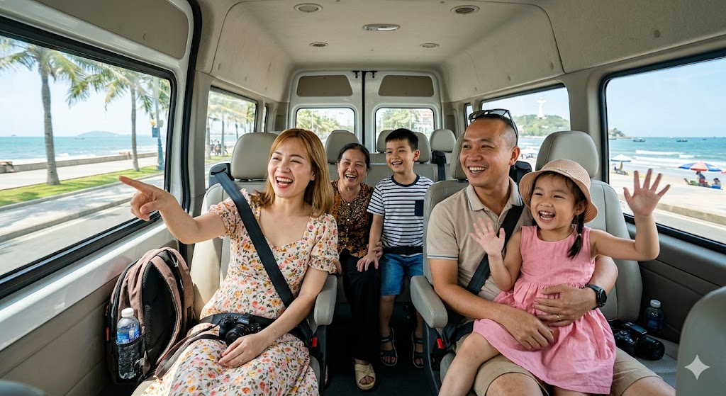 Gia đình vui vẻ trong xe 16 chỗ đi Vũng Tàu cùng Tuấn Phương Travel